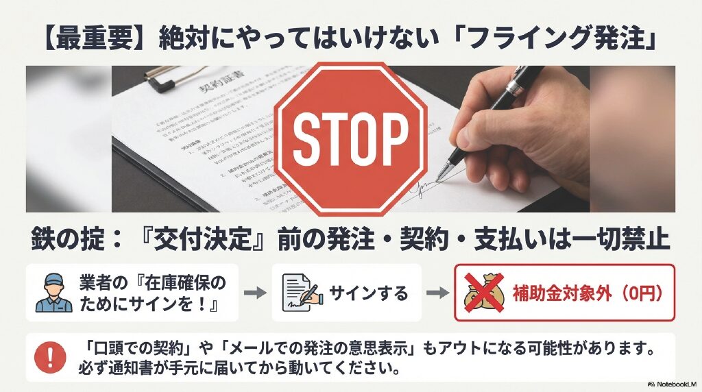 「交付決定」が出る前のフライング発注は、どんな理由があっても一切認められません。